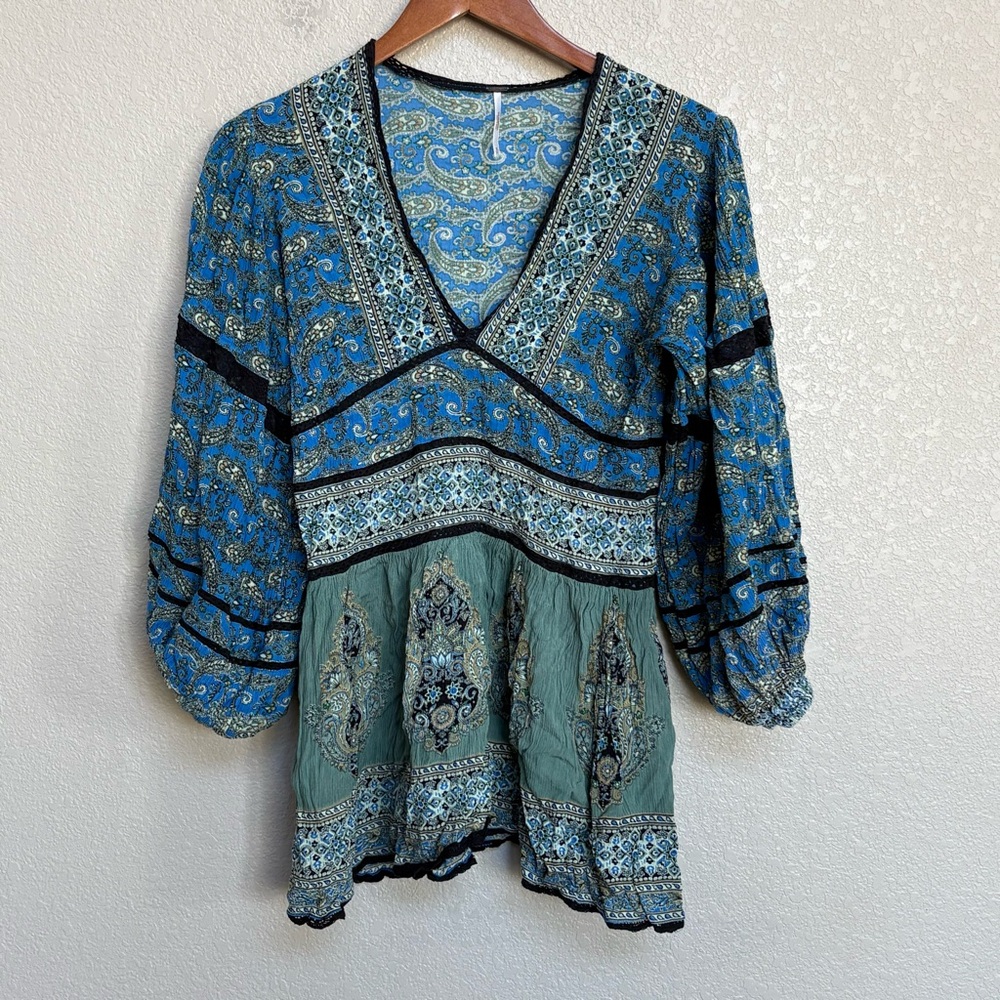Free People Luna Scarf Print Tunic Ocean Combo Boho Top Small - Picture 2 of 7